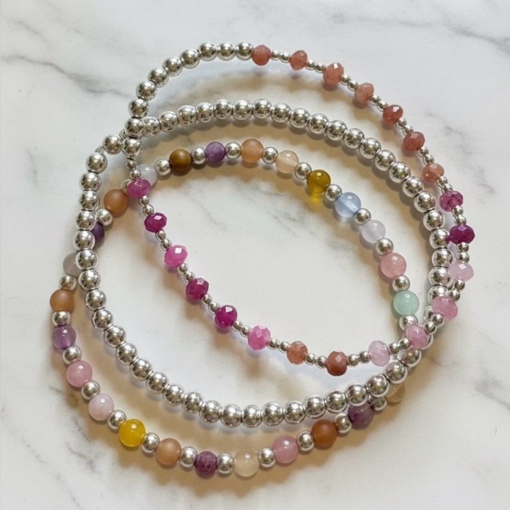 Elegant Silver Hematite & Multicolour Quartz Stretchy Beaded Bracelet Set